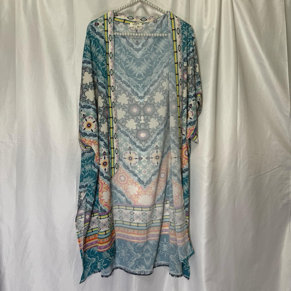 Umgee Women's Blue Pink Floral Kimono Duster Cover Up Duster Boho M Festive